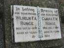 
Wilhelm F A RUNGE
9 Oct 1937, aged 67
Clara F W RUNGE
7 Dec 1937, aged 75
Stone Quarry Cemetery, Jeebropilly, Ipswich
