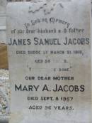 
James Samuel JACOBS
21 Mar 1918 aged 56
Mary A JACOBS
8 Sep 1957, aged 96
Stone Quarry Cemetery, Jeebropilly, Ipswich
