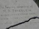
M B FRIEDLEIN
b: Dec 1829, d: 1 Aug 1887?
Stone Quarry Cemetery, Jeebropilly, Ipswich
