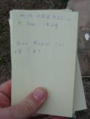 
M B FRIEDLEIN
b: Dec 1829, d: 1 Aug 1887?
Stone Quarry Cemetery, Jeebropilly, Ipswich
