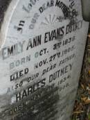 
Emily Ann Evans DUTNEY
b: 2 Oct 1838, d 27 Nov 1905
Charles DUTNEY
b: 21 May 1834, d: 14 Feb 1906
Stone Quarry Cemetery, Jeebropilly, Ipswich
