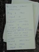 
William James DAVISON
6 Aug 1901, aged 19
Robert DAVISON
16 Jan 1923 aged 88
Douglas David LOGAN
b: 11 Nov 1923, d: 15 Oct 1930
(mother)
Jessie DAVISON
5 Jan 1930,aged 70
Stone Quarry Cemetery, Jeebropilly, Ipswich
