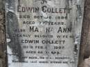 
Edwin COLLETT
16 Oct 1896, aged 77
Martha Ann (wife of Edwin) COLLETT
13 Feb 1897, aged 68
Stone Quarry Cemetery, Jeebropilly, Ipswich
