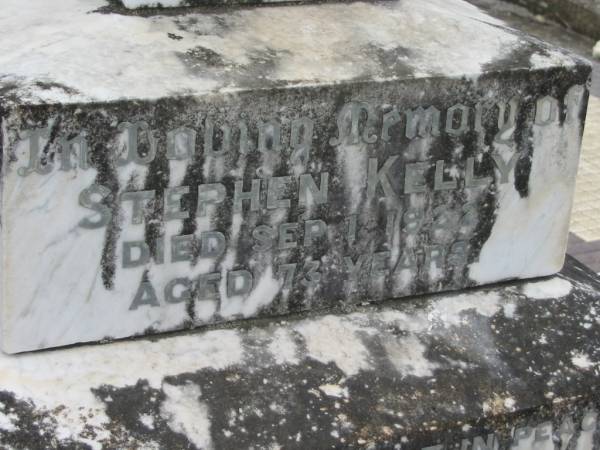 Stephen Kelly  | 1 Sep 1922, aged 73  | Caroline KELLY  | 24 Jun 1946  | aged 86  | Stone Quarry Cemetery, Jeebropilly, Ipswich  | 