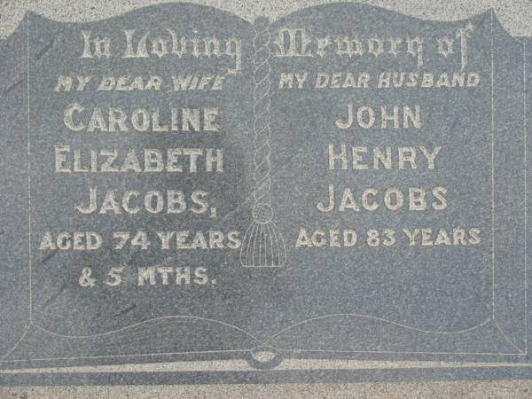 Caroline Elizabeth JACOBS  | aged 74 years and 5 months  | John Henry JACOBS  | aged 83  | Stone Quarry Cemetery, Jeebropilly, Ipswich  | 