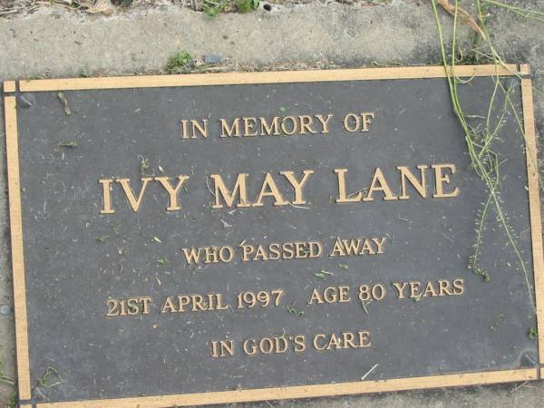 Ivy May LANE  | 21 Apr 1997, aged 80  | Stone Quarry Cemetery, Jeebropilly, Ipswich  | 