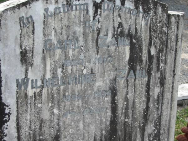 Carl ZAHL  | 1850 - 1910  | Wilhelmine ZAHL  | 1856 - 1936  | Stone Quarry Cemetery, Jeebropilly, Ipswich  | 