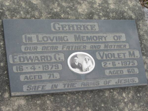 Edward G GEHRKE  | 16 Apr 1979, aged 71  | Violet M GEHRKE  | 2 Jun 1975, aged 60  | Stone Quarry Cemetery, Jeebropilly, Ipswich  | 