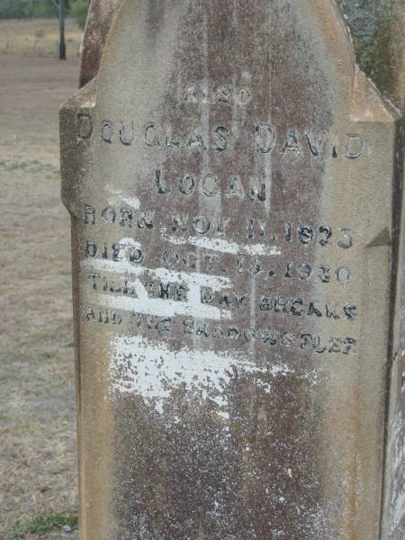 William James DAVISON  | 6 Aug 1901, aged 19  | Robert DAVISON  | 16 Jan 1923 aged 88  | Douglas David LOGAN  | b: 11 Nov 1923, d: 15 Oct 1930  | (mother)  | Jessie DAVISON  | 5 Jan 1930,aged 70  | Stone Quarry Cemetery, Jeebropilly, Ipswich  | 