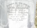 
Francis GILLESPIE,
7 Jan 1861 - 22 Apr 1935;
Jane GILLESPIE,
wife of Francis GILLESPIE,
died 1 July 1926 aged 63 years;
Walter ?? GILLESPIE,
died 2 Sept 1920 aged 19 years;
William Henry GILLESPIE,
died 29 Dec 1891 aged 10 months;
sons of Francis & Jane GILLESPIE;
Swan Creek Anglican cemetery, Warwick Shire
