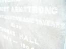 
Harriet Armstrong,
wife of Thomas HALL,
died 27 Aug 1898 aged 72 years;
Thomas HALL,
1823 - 1904;
Swan Creek Anglican cemetery, Warwick Shire
