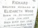 
Richard,
husband of Elizabeth WOOD,
born Devonshire 15 Jan 1828
died 25 Sept 1910;
Elizabeth WOOD,
wife,
died 8 April 1928 aged 100 years;
Swan Creek Anglican cemetery, Warwick Shire
