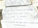 
Sydney Parnell CUTMORE,
died 7 Aug 1930 aged 56 years;
Emily CUTMORE,
died 26 June 1948 aged 77 years;
Jessie May Irene CUTMORE,
died 24 June 1913 aged 2 years;
Swan Creek Anglican cemetery, Warwick Shire
