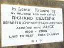 
Richard GILLESPIE,
husband father,
died 23 Nov 1963 aged 69 years;
Alice,
wife,
1909 - 2000,
laid to rest Eden Gardens;
Swan Creek Anglican cemetery, Warwick Shire
