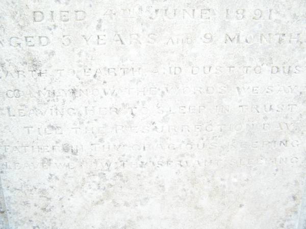 Harriet Mahala EASTWELL,  | died 4 March 1891 aged 29 years;  | Rupert John,  | son,  | died 8 June 1891 aged 3 years 9 months;  | Swan Creek Anglican cemetery, Warwick Shire  | 