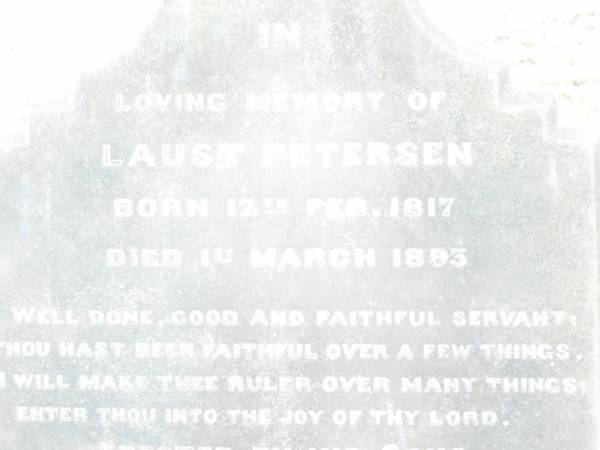 Laust PETERSEN,  | born 17 Feb 1817 died 1 March 1893;  | Iver Pedersen WILLADSEN,  | died 9 May 1883 aged 35 years;  | Swan Creek Anglican cemetery, Warwick Shire  | 