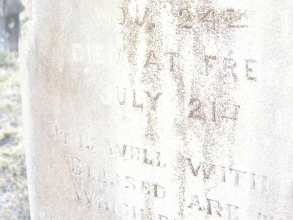 Svend PERSON,  | born 9 Oct 1824  | died Freestone 7 Nov 1898;  | Kjersti PERSON,  | born Sweden 24 Nov 1836  | died Freestone 1930;  | Swan Creek Anglican cemetery, Warwick Shire  | 