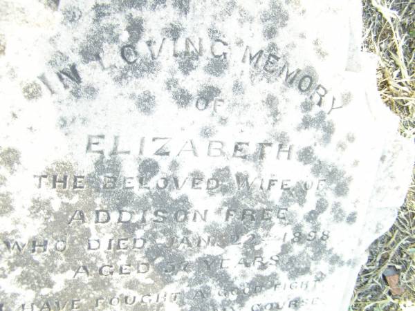 Elizabeth,  | wife of Addison FREE,  | died 22 Jan 1898 aged 57 years;  | Swan Creek Anglican cemetery, Warwick Shire  | 