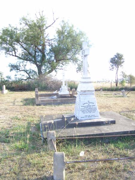 George Josiah FREE,  | husband,  | died 20 July 1909 aged 36 years;  | Emily Ada FREE,  | wife mother grandmother,  | died 26 Nov 1953 aged 76 years;  | erected by son Vernon;  | Donald Downie FREE,  | son of Myrtle & Vernon FREE,  | brother of Ken,  | grandson of Emily & George FREE,  | died 18 Aug 1956 aged 26 years,  | buried at Warwick cemetery;  | Swan Creek Anglican cemetery, Warwick Shire  | Swan Creek Anglican cemetery, Warwick Shire  | 