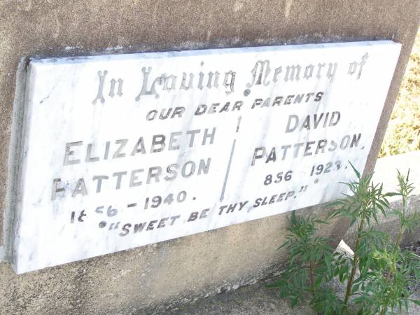 parents;  | Elizabeth PATTERSON,  | 1856 - 1940;  | David PATTERSON,  | 1856 - 1923;  | Swan Creek Anglican cemetery, Warwick Shire  | 