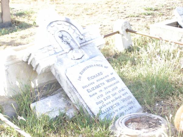 Richard,  | husband of Elizabeth WOOD,  | born Devonshire 15 Jan 1828  | died 25 Sept 1910;  | Elizabeth WOOD,  | wife,  | died 8 April 1928 aged 100 years;  | Swan Creek Anglican cemetery, Warwick Shire  | 