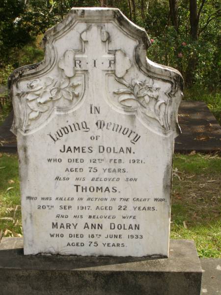 James DOLAN,  | died 12 Feb 1921 aged 75 years;  | Thomas,  | son,  | killed in action in Great War  | 20 Sept 1917 aged 22 years;  | Mary Ann DOLAN,  | died 18 June 1933 aged 75 years;  | Tallebudgera Catholic cemetery, City of Gold Coast  |   | 