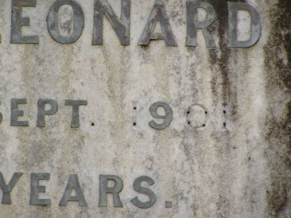 Patrick LEONARD,  | died 7 Sept 1901 aged 75 years;  | Bridget LEONARD,  | died 7 Oct 1918 aged 80 years;  | Ellen Agnes LEONARD,  | died 24 March 1924;  | Tallebudgera Catholic cemetery, City of Gold Coast  | 