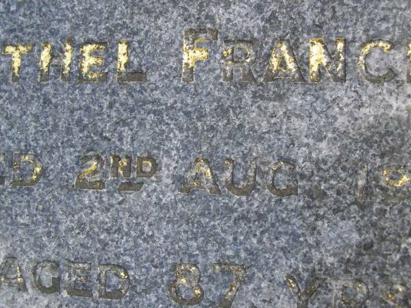 Thomas DOLAN,  | died 13 Nov 1942 aged 78 years;  | Ethel Frances,  | widow,  | died 2 Aug 1978 aged 87 years;  | Tallebudgera Catholic cemetery, City of Gold Coast  | 