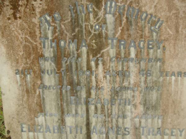 Thomas TRACEY,  | died Currumbin 21 July 1901 aged 46 years,  | erected by wife Elizabeth;  | Elizabeth Agnes TRACEY,  | wife,  | died 1 April 1939 aged 77 years;  | Tallebudgera Catholic cemetery, City of Gold Coast  | 