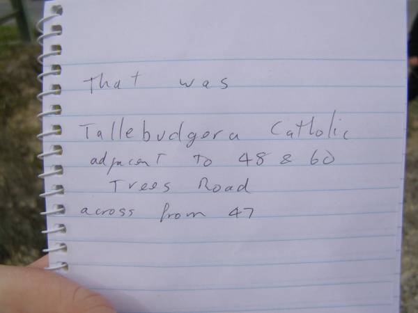 Between 48 and 60 Trees Road;  | Tallebudgera Catholic Church (St. Malachys) Cemetery, Gold Coast  | 