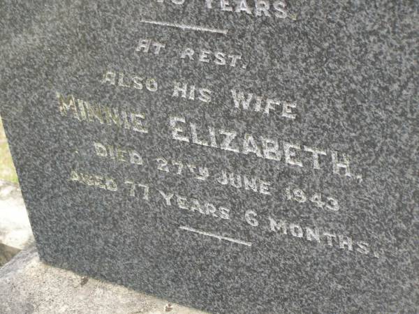 Samuel CRAIG,  | died 28 Sept 1931 aged 75 years;  | Minnie Elizabeth,  | wife,  | died 27 June 1943 aged 77 years 6 months;  | Tallebudgera Presbyterian cemetery, City of Gold Coast  | 