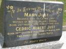 Mary JUST,
wife of Cedric JUST,
mother of Neville, Allan & Sherill,
born 25 March 1910,
died 6 Sept 1976;
Cedric Albert JUST,
born 10 Oct 1910,
died 7 March 1996;
Tallebudgera Presbyterian cemetery, City of Gold Coast