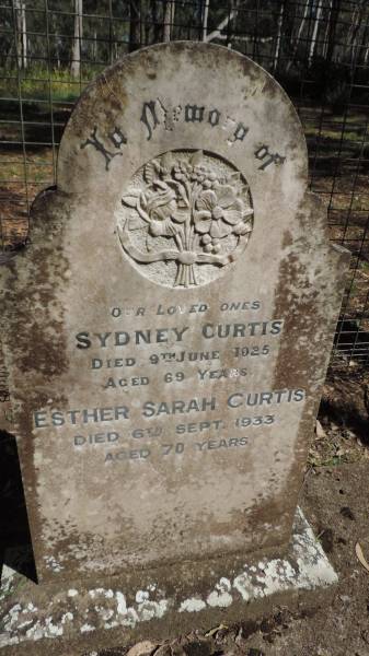 Sydney CURTIS  | d: 9 Jun 1925, aged 69  | Esther Sarah CURTIS  | d: 6 Sep 1933, aged 70  | Tamborine Plunkett Road Cemetery (Cedar Creek)  | 