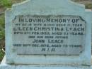 Eileen Christina LEACH
6 Feb 1953
aged 53
John LEACH
20 Dec 1972
aged 79
Tamborine Catholic Cemetery, Beaudesert