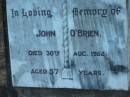 John OBRIEN
30 Aug 1952
aged 57
Tamborine Catholic Cemetery, Beaudesert