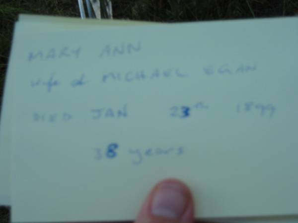 Mary Ann  | wife of Michael EGAN  | 23 Jan 1899  | aged 38  |   | Tamborine Catholic Cemetery, Beaudesert  |   | 