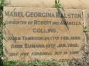 Mabel Georgina RALSTON
(daughter of Robert and Arabella COLLINS)
b: Tamrookum 17 Feb 1885, d: Eumana 10 Jan 1962
Robert John Collins
(only son of Joseph Walter and Mabel Georgina RALSTON)
b: 3 Apr 1920, d: 1 Nov 1954
Rosamond Anne Collins RALSTON
(daughter of Joseph and Mabel RALSTON)
b: 14 Dec 1914, d: 17 Aug 1999
Tamrookum All Saints church cemetery, Beaudesert