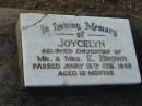 Joycelyn
(daughter of) Mr & Mrs E BROWN
d: 13 Feb 1948, aged 10 months
Tamrookum All Saints church cemetery, Beaudesert