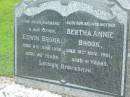 Edwin BROOK
d: 6 Jun 1939, aged 82
Bertha Annie BROOK
18 Nov 1961, aged 91
Tamrookum All Saints church cemetery, Beaudesert