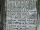 James SALISBURY
31 May 1907, aged 79
Margaret
(wife of) James SALISBURY
3 Jun 1927, aged 81
(daughter) Rebecca Morgan SALISBURY
20 May 1962, aged 76
(son) gunner Wm SALISBURY
(killed in action, France)
20 Jul 1917, aged 35
Tamrookum All Saints church cemetery, Beaudesert