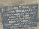 John BUCHANAN
28 Mar 1962, aged 84
(wife) Mary Emma (BUCHANAN)
28 Jan 1980, aged 88
Tamrookum All Saints church cemetery, Beaudesert