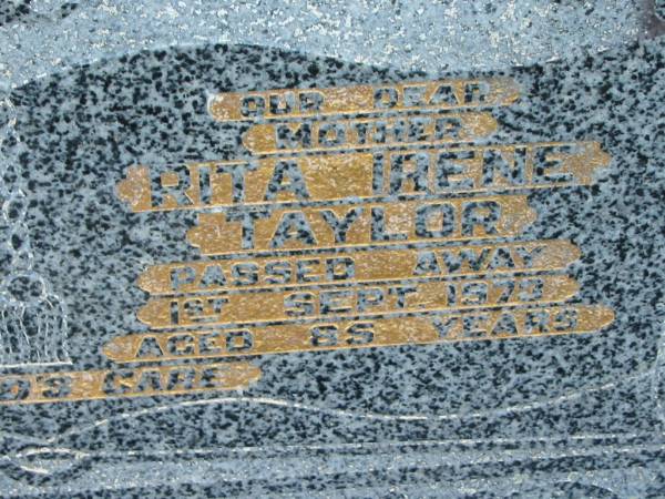 Luke William TAYLOR  | 9 Oct 1955, aged 72  | Rita Irene TAYLOR  | 1 Sep 1973, aged 85  | Tamrookum All Saints church cemetery, Beaudesert  | 