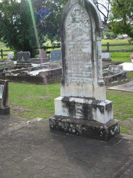James SALISBURY  | 31 May 1907, aged 79  | Margaret  | (wife of) James SALISBURY  | 3 Jun 1927, aged 81  | (daughter) Rebecca Morgan SALISBURY  | 20 May 1962, aged 76  | (son) gunner Wm SALISBURY  | (killed in action, France)  | 20 Jul 1917, aged 35  | Tamrookum All Saints church cemetery, Beaudesert  | 