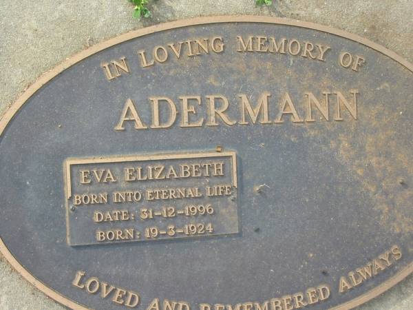 Eva Elizabeth ADERMANN  | b: 19 Mar 1924, d: 31 Dec 1996  | Tamrookum All Saints church cemetery, Beaudesert  | 