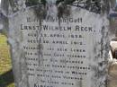 
Ernst Wilhelm RECK,
born 23 April 1928 died 30 April 1912,
dear? Albertiene RECK;
Tarampa Apostolic cemetery, Esk Shire
