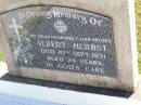 
Albert HERBST, husband father,
died 10 Sept 1971 aged 74 years;
Tarampa Apostolic cemetery, Esk Shire
