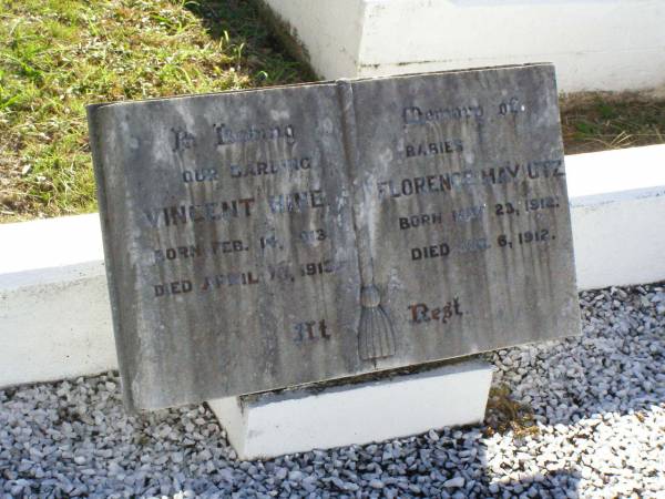 babies;  | Vincent HINE,  | born 14 Feb 1913 died 16 April 1913;  | Florence May UTZ,  | born 23 May 1912 died 6 Aug 1912;  | Tarampa Apostolic cemetery, Esk Shire  | 