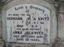 
Hermann C W JACKWITZ
8 Mar 1946 aged 82
Anna JACKWITZ
25 Jul 1947 aged 69
Tarampa Baptist Cemetery, Esk Shire
