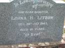 
Lorna H LITZOW
28 Jul 1945 aged 21
Tarampa Baptist Cemetery, Esk Shire
