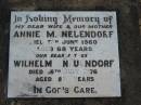 
Annie M NEUENDORF
5 Jun 1960 aged 68
Wilhelm NEUENDORF
16 Jul 1976 aged 85
Tarampa Baptist Cemetery, Esk Shire
